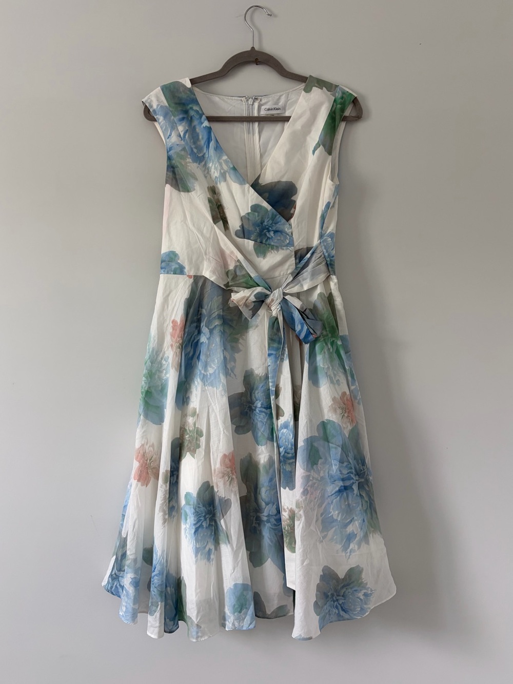 Calvin Klein White Blue Green Watercolor Cotton Floral Midi Cocktail Dress 8